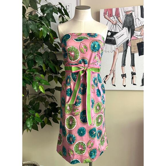 Jennifer Reale Design Womens Linen Strapless Pink Fruit Print Mini Dress Size 6 - Picture 1 of 9